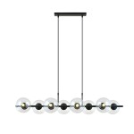 Lampa wisząca Rory, 8-punktowa, czarna z przezroczystymi kloszami. Ułożona poziomo, z metalowym stelażem, zawieszona na dwóch cienkich linkach. Klasyczny design z widocznymi żarówkami, idealna do nowoczesnych wnętrz.