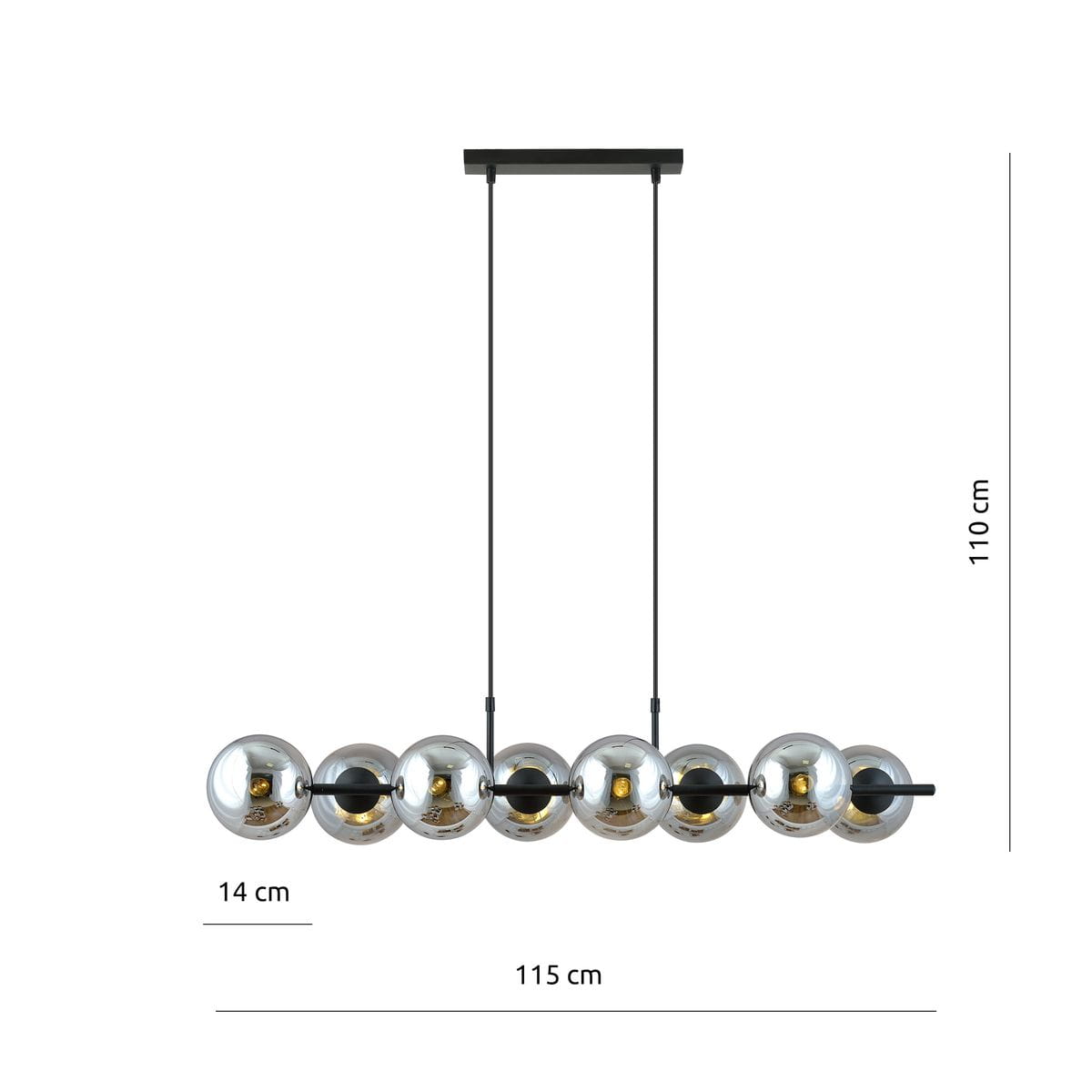 Lampa wisząca Rory 8-punktowa w kolorze czarnym i grafitowym. Składa się z ośmiu chromowanych kul o średnicy 14 cm, zawieszonych na dwóch cienkich linkach. Wymiary: 115 cm szerokości, 110 cm długości. Prosty design, idealna do nowoczesnych wnętrz.