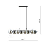 Lampa wisząca Rory 8-punktowa w kolorze czarnym i grafitowym. Składa się z ośmiu chromowanych kul o średnicy 14 cm, zawieszonych na dwóch cienkich linkach. Wymiary: 115 cm szerokości, 110 cm długości. Prosty design, idealna do nowoczesnych wnętrz.
