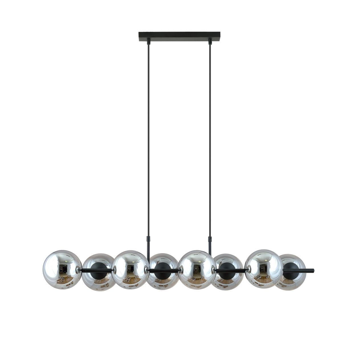Lampa wisząca Rory 8-punktowa w kolorze czarnym i grafitowym. Posiada osiem metalowych kul w odcieniach srebra, zawieszonych na dwóch cienkich linkach. Konstrukcja montowana do sufitu, o minimalistycznym designie.