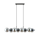 Lampa wisząca Rory 8-punktowa w kolorze czarnym i grafitowym. Posiada osiem metalowych kul w odcieniach srebra, zawieszonych na dwóch cienkich linkach. Konstrukcja montowana do sufitu, o minimalistycznym designie.