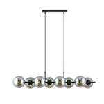 Lampa wisząca Rory z ośmioma chromowanymi kulami na czarnym/grafitowym stelażu. Ujęcie frontalne, zawieszona na długich, cienkich linkach. Kule mają złote wnętrza, co tworzy efektowne odbicia. Minimalistyczny design, idealna do nowoczesnych wnętrz.