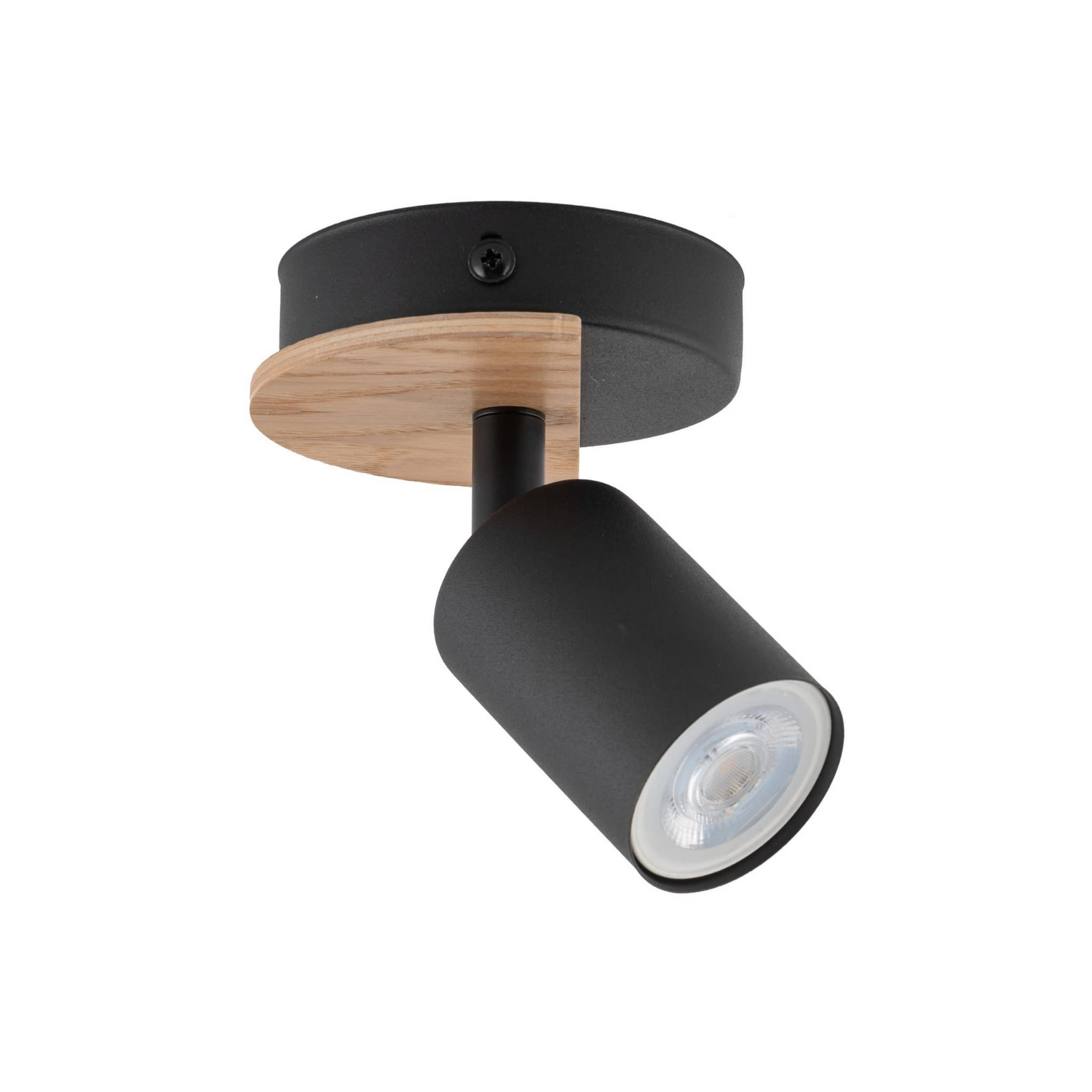 Lampa sufitowa Cover Wood, 1-punktowa, czarna. Okrągła podstawa z drewna, metalowy klosz w kształcie walca. Kąt ujęcia z boku, ukazujący detale konstrukcji i źródła światła. Idealna do nowoczesnych wnętrz.