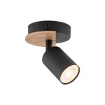 Czarna lampa sufitowa (spot) Cover Wood z drewnianą podstawą, o cylindrycznym kształcie klosza. Ujęcie z boku, ukazujące zamontowany klosz z widocznym źródłem światła. Prosta forma, idealna do nowoczesnych wnętrz.