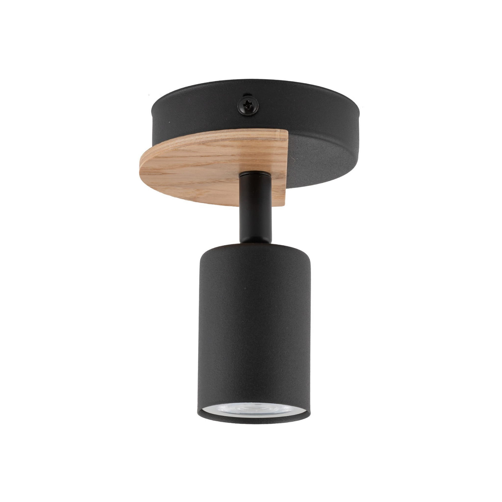 Lampa sufitowa Cover Wood 1-punktowa, czarna. Cylindryczny klosz z matowego metalu, zawieszony na drewnianej podstawie. Ujęcie z dołu, z widocznym światłem w dolnej części klosza. Prosty, nowoczesny design, idealna do różnych wnętrz.