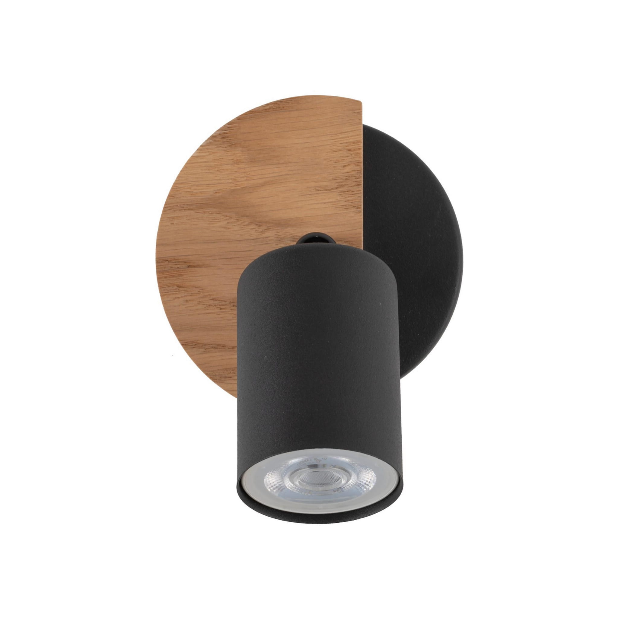 Lampa sufitowa Cover Wood 1-punktowa, czarna, z metalowym kloszem w kształcie cylindra, umieszczona na okrągłej podstawie z drewna w kolorze naturalnym. Kąt ujęcia frontalny, ukazujący detal lampy oraz jej minimalistyczny design.
