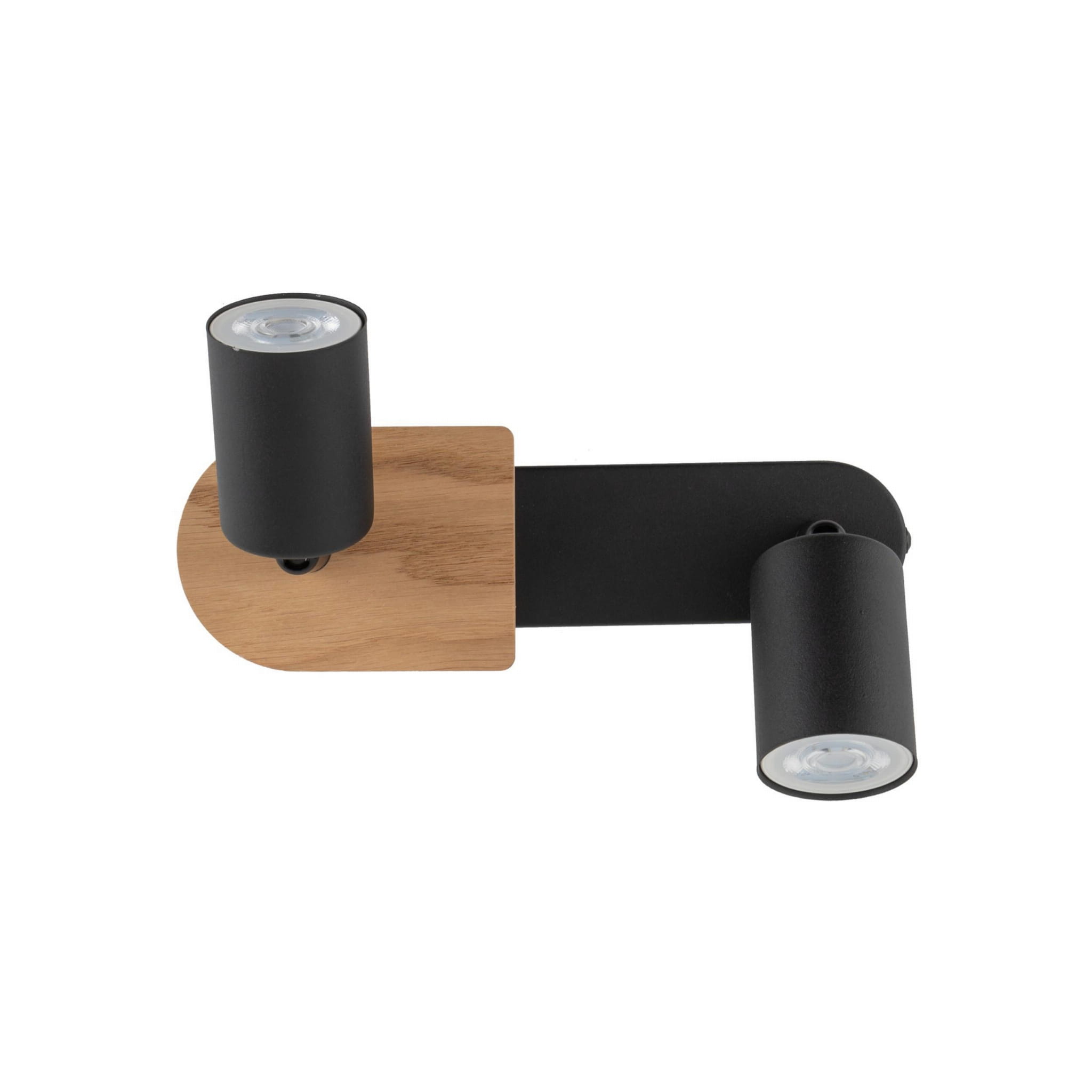 Czarna lampa sufitowa (spot) 2-punktowa Cover Wood z drewnianym akcentem. Ruchome cylindryczne klosze na metalowej konstrukcji, zamontowane na podstawie z drewna. Kąt ujęcia frontalny, produkt leżący na białym tle.