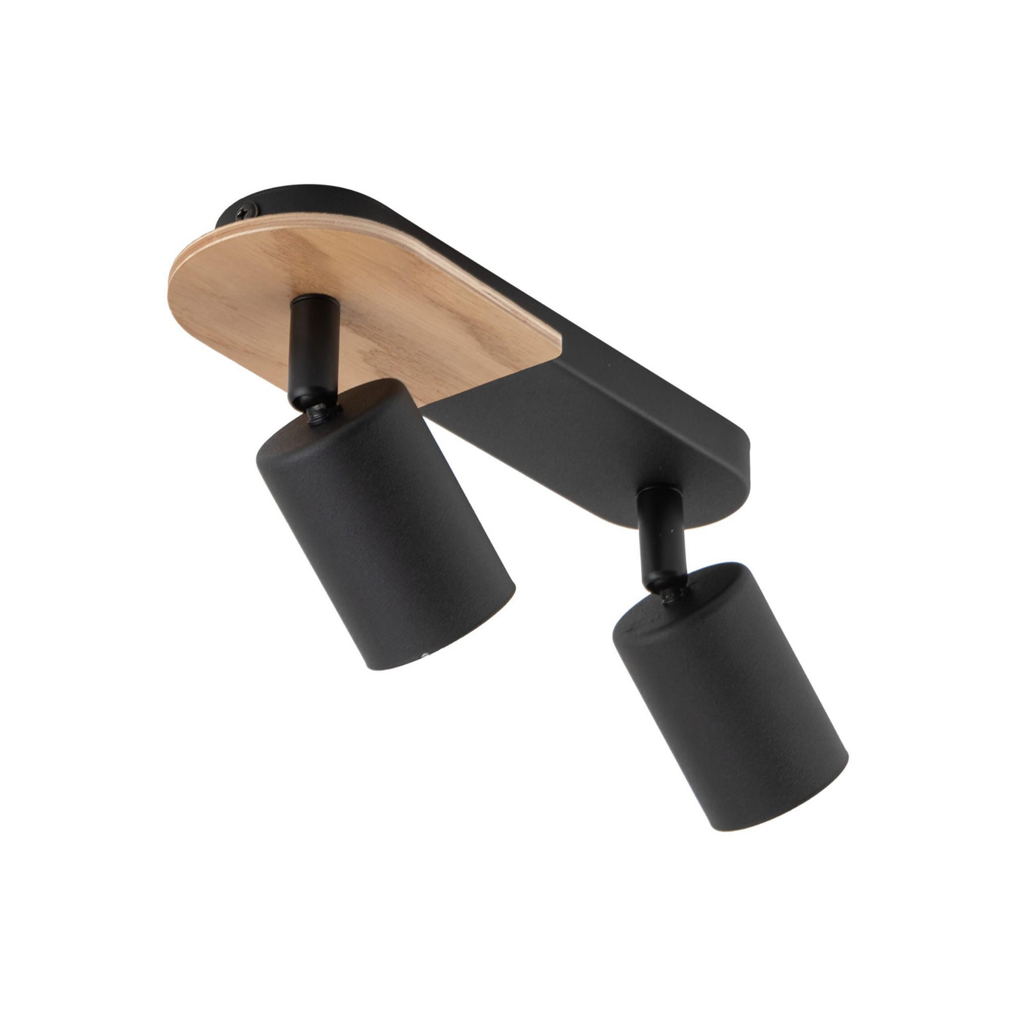 Czarna lampa sufitowa (spot) Cover Wood z dwoma cylindrycznymi kloszami, umieszczona na drewnianej podstawie. Ujęcie z boku, ukazujące nowoczesny design i połączenie materiałów. Idealna do oświetlenia wnętrz.