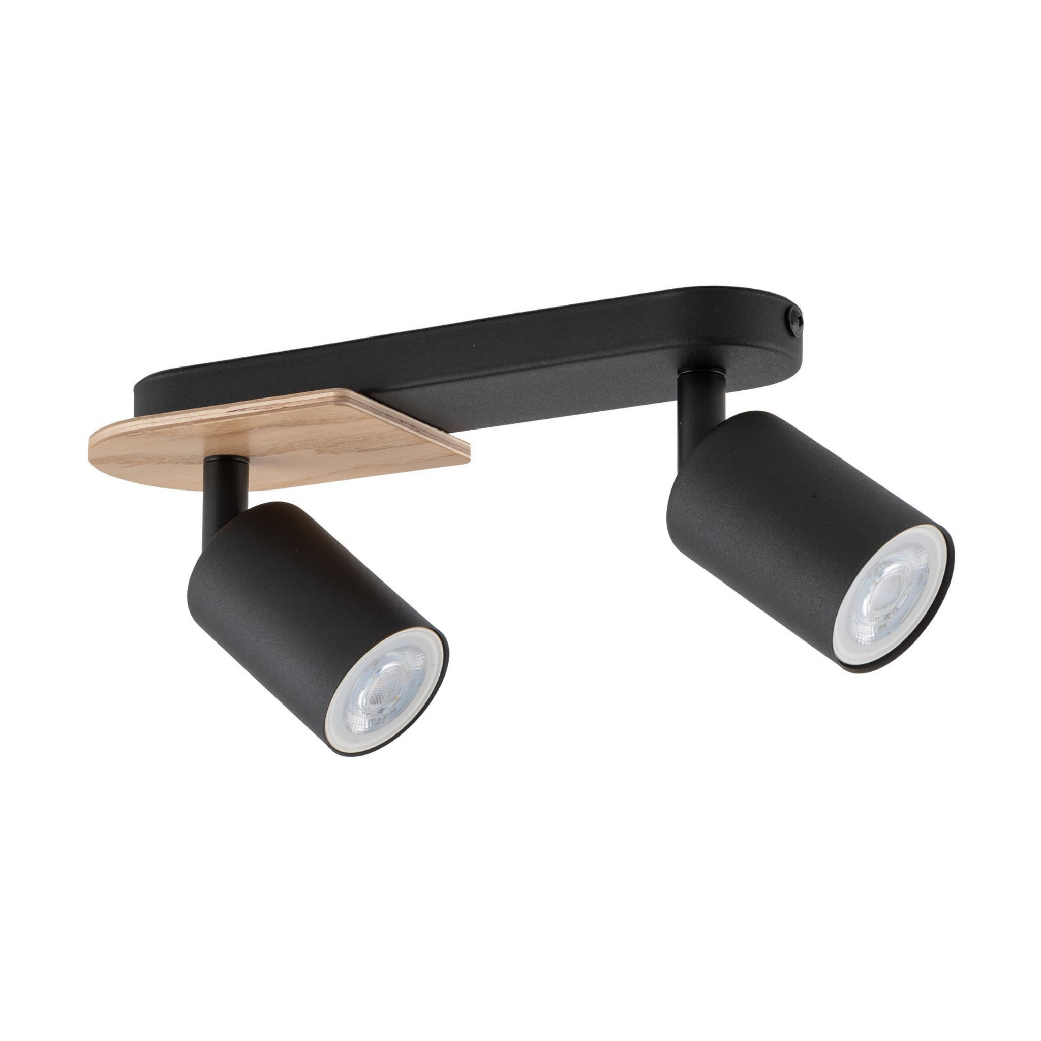 Czarna lampa sufitowa (spot) 2-punktowa Cover Wood z drewnianym elementem, zmontowana na prostokątnej podstawie. Dwa cylindryczne reflektory z przezroczystymi kloszami, skierowane w różnych kierunkach. Produkt montowany do sufitu.