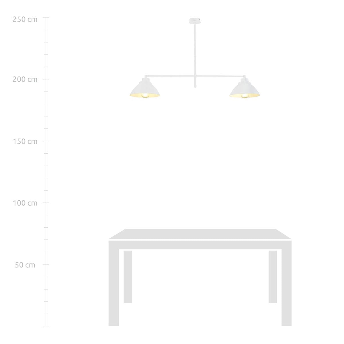 Lampa wisząca Maverick 2-punktowa w białym kolorze, z dwiema kloszami w kształcie stożków. Zamontowana na metalowej ramie, zawieszona na wysokości, idealna do oświetlenia stołu. Tło białe, minimalistyczne.