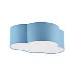 Pastelowy niebieski plafon Cloud Mini o kształcie chmury, z dwoma punktami świetlnymi. Ujęcie z boku, ukazujące zaokrąglone krawędzie i matową powierzchnię. Idealny do dziecięcego pokoju lub jako dekoracyjna lampa sufitowa.