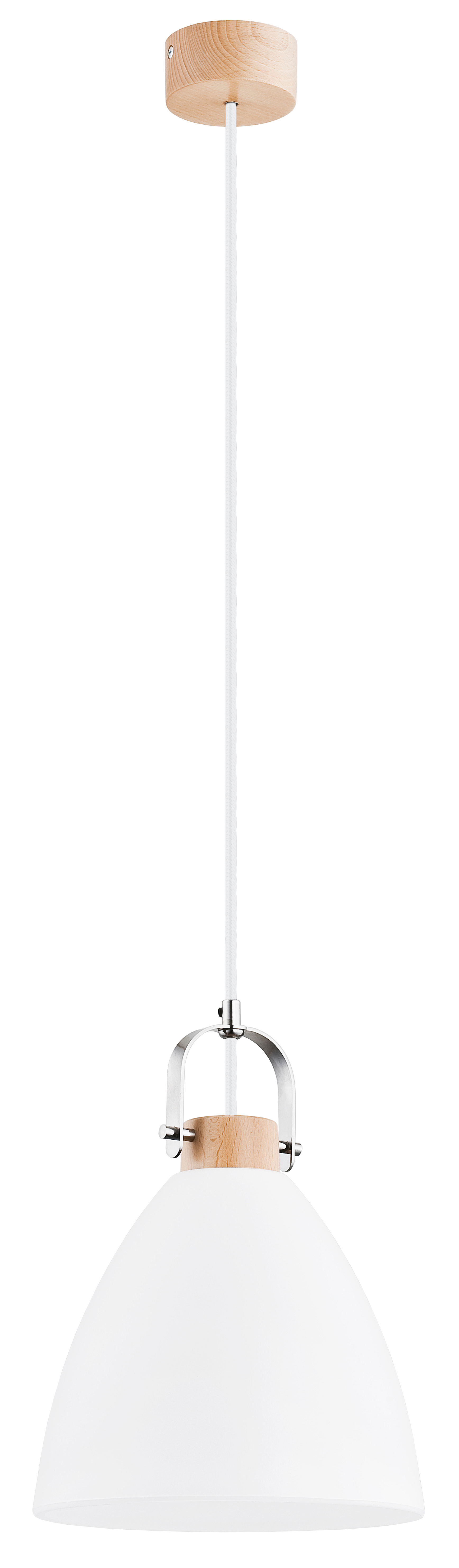 Biała lampa wisząca Hermina 1-punktowa z metalowym mocowaniem i drewnianym elementem. Posiada zaokrąglony klosz w kształcie stożka, zawieszona na białym przewodzie. Ujęcie frontalne, produkt wisi na tle czarnym.