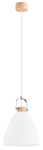Biała lampa wisząca Hermina 1-punktowa z metalowym mocowaniem i drewnianym elementem. Posiada zaokrąglony klosz w kształcie stożka, zawieszona na białym przewodzie. Ujęcie frontalne, produkt wisi na tle czarnym.