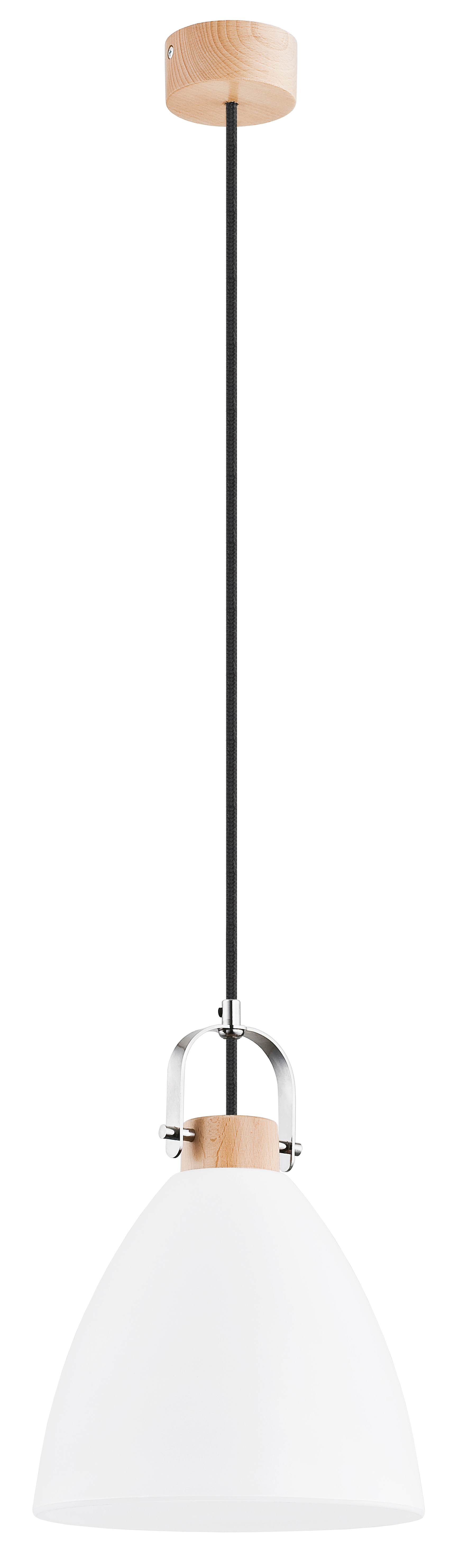 Lampa wisząca Hermina 1-punktowa w kolorze białym z czarnym przewodem. Posiada metalowy uchwyt i drewniany element mocujący. Kształt klosza stożkowaty, gładki, bez wzorów. Zawieszona na długim, czarnym kablu, widok z przodu.
