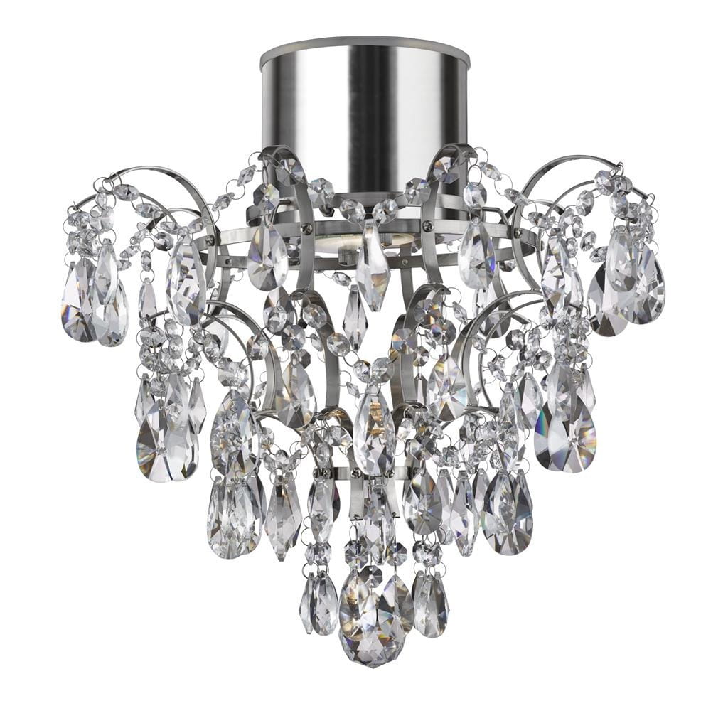 Lampa sufitowa Belle IP44 w chromowanej oprawie, z dekoracyjnymi kryształowymi zwisami. Ujęcie frontalne, lampa ma okrągły, metalowy korpus oraz wiele szklanych elementów w kształcie kropli. Idealna do nowoczesnych wnętrz.