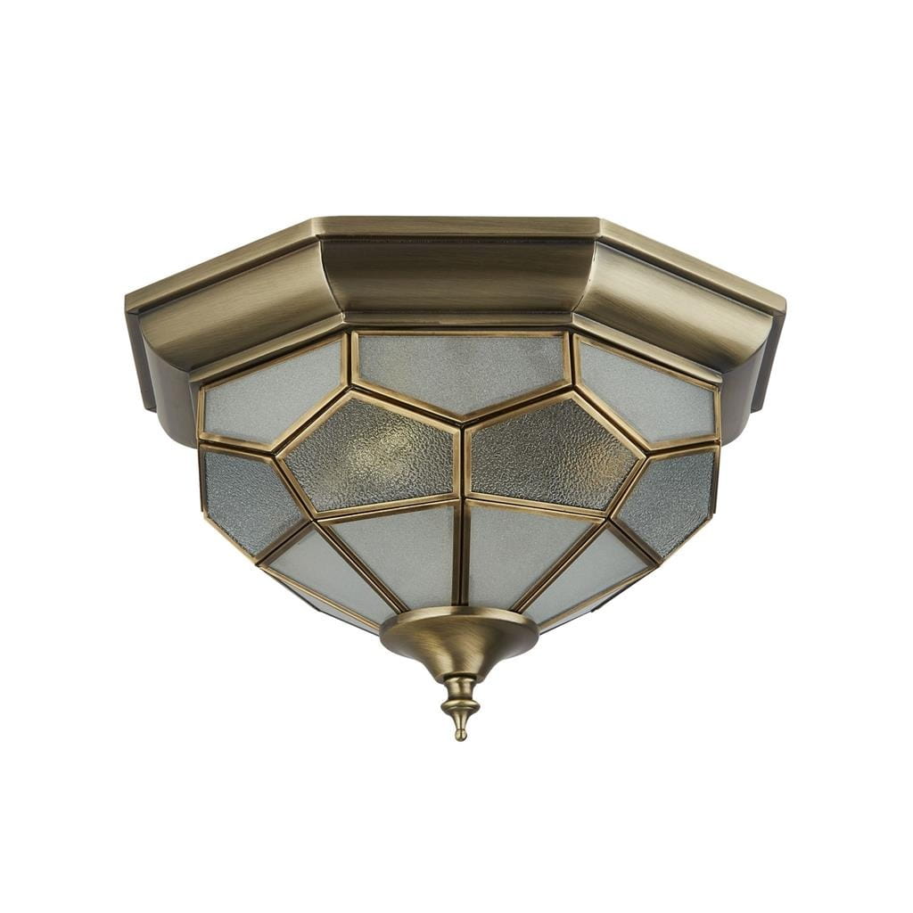 Lampa sufitowa Pisa II w kolorze antycznego mosiądzu z dwiema punktami świetlnymi. Klosz w formie ośmiokątnej z teksturowanego szkła, z wyraźnymi krawędziami i dekoracyjnym wykończeniem na dnie. Montaż sufitowy, widok z dołu.