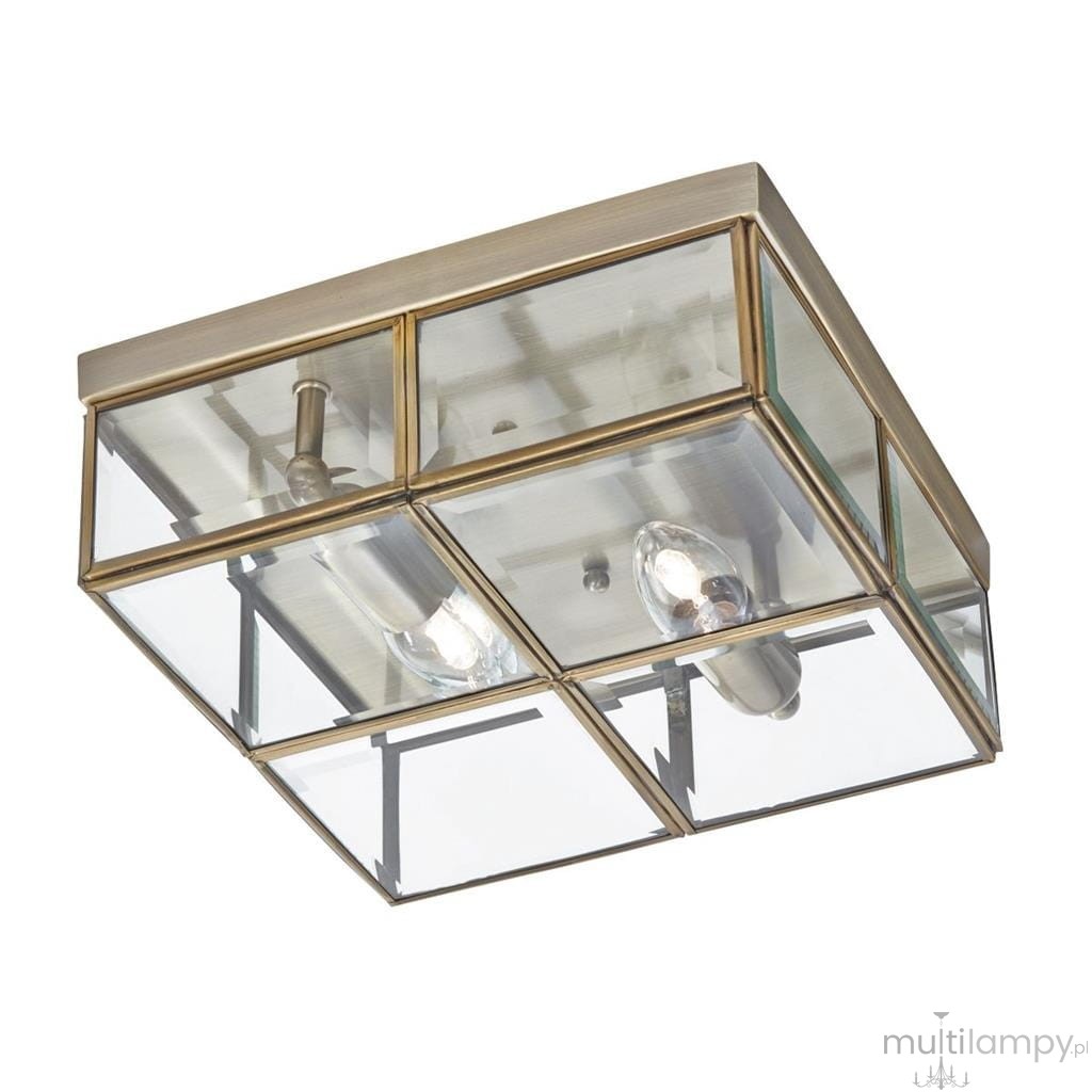 Lampa sufitowa 2-punktowa w mosiężnej, antycznej oprawie z przezroczystymi szklanymi panelami, kwadratowa konstrukcja z widocznymi żarówkami, montowana na suficie.