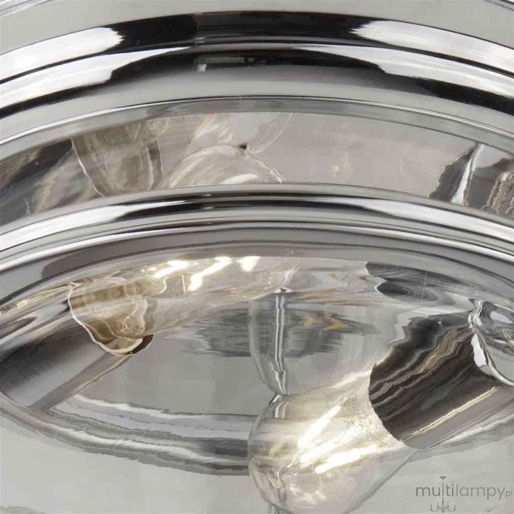 Lampa sufitowa Glasgow IP44, 2-punktowa, w kolorze chromu. Ujęcie z góry, ukazujące dwa żarówki w szklanych oprawach, z lustrzanym wykończeniem. Wyraźne detale chromowanej powierzchni i kształt oprawy.