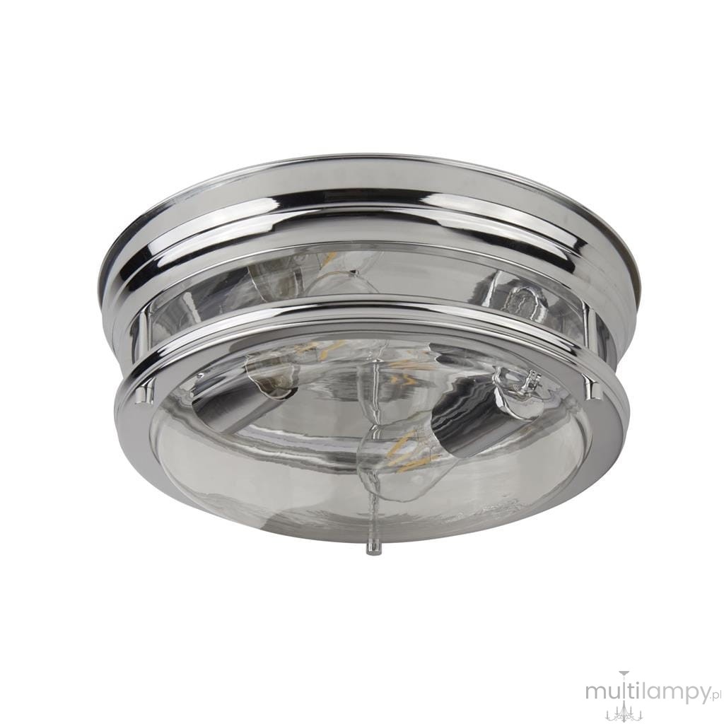 Lampa sufitowa Glasgow IP44, 2-punktowa, w kolorze chromu, z przezroczystą osłoną. Okrągły kształt, montowana na suficie. Widoczne dwa źródła światła, elegancki design. Idealna do wnętrz o podwyższonej wilgotności.