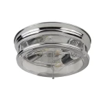 Lampa sufitowa Glasgow IP44, 2-punktowa, w kolorze chromu, z przezroczystą osłoną. Okrągły kształt, montowana na suficie. Widoczne dwa źródła światła, elegancki design. Idealna do wnętrz o podwyższonej wilgotności.