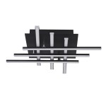 Matrix LED lampa sufitowa 6-punktowa w czarnym kolorze, z prostokątną podstawą oraz sześcioma poziomymi i pionowymi metalowymi ramionami w wykończeniu srebrnym, zamontowana na suficie.