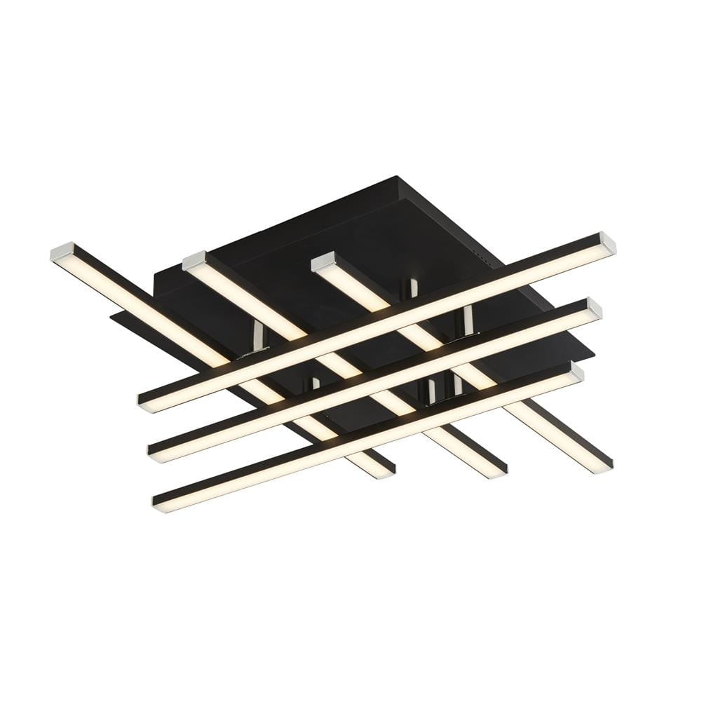 Czarna lampa sufitowa Matrix LED 6-punktowa, z płaską podstawą i sześcioma poziomymi paskami LED w kolorze ciepłej bieli. Produkt montowany sufitowo, o nowoczesnym, minimalistycznym designie.