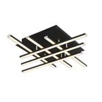 Czarna lampa sufitowa Matrix LED 6-punktowa, z płaską podstawą i sześcioma poziomymi paskami LED w kolorze ciepłej bieli. Produkt montowany sufitowo, o nowoczesnym, minimalistycznym designie.