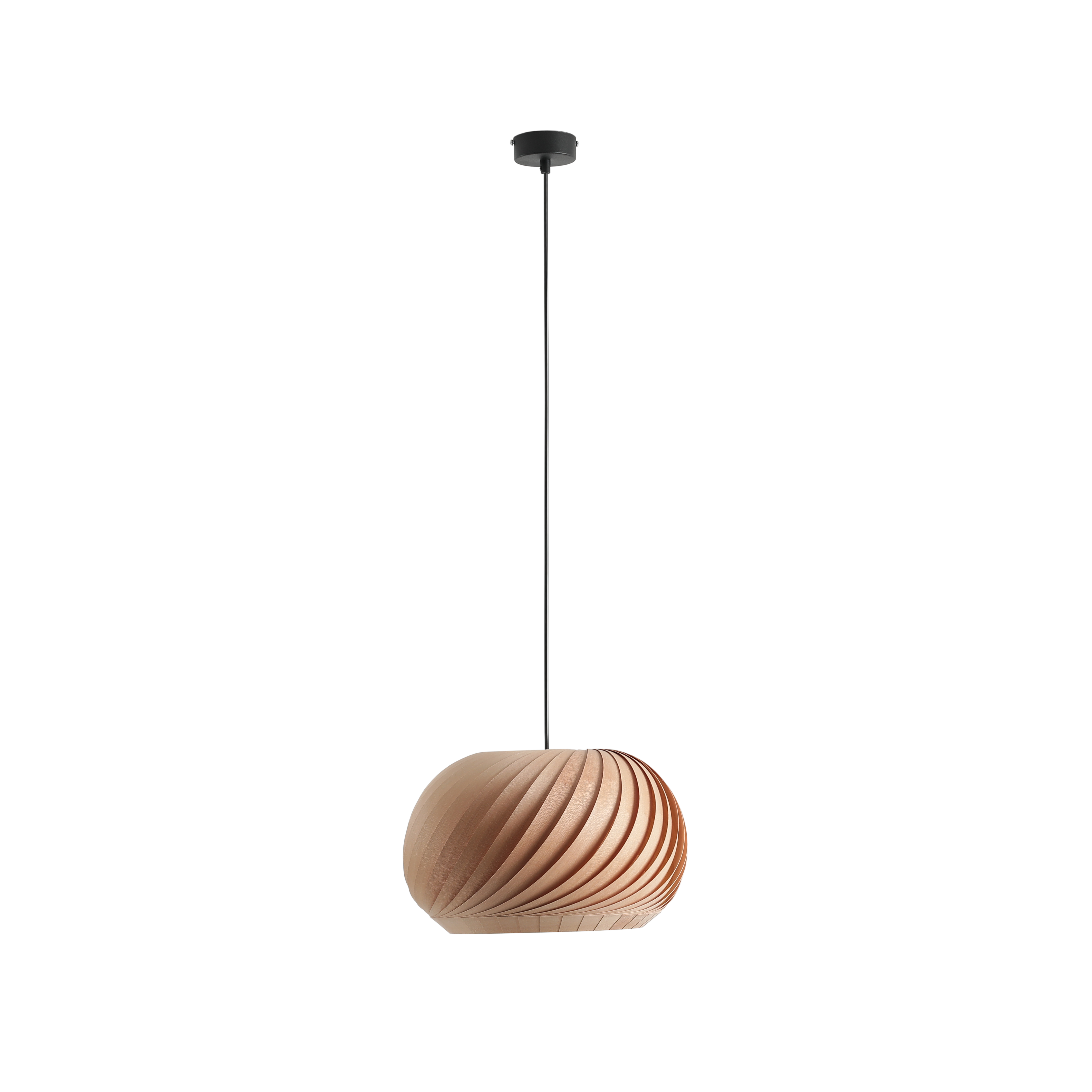 Lampa wisząca Nature Dark D38 w kształcie owalnym, wykonana z drewna w jasnym kolorze, z charakterystycznym, falistym wzorem. Zawieszona na cienkim, czarnym przewodzie. Idealna do nowoczesnych wnętrz.