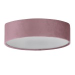 Plafon Drum 2 D38 w kolorze różowym, okrągły, z matową, teksturowaną powierzchnią. Wnętrze jasne, z białym wykończeniem. Zamontowany w pozycji poziomej, odpowiedni do oświetlenia pomieszczeń.