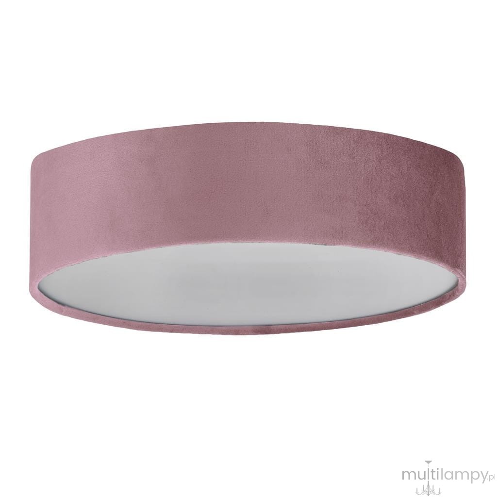 Plafon Drum 2 D50 w kolorze różowym, o okrągłym kształcie i matowej fakturze. Widoczny biały klosz wewnętrzny, zamontowany na suficie. Produkt ma prosty, nowoczesny design, idealny do różnych wnętrz.