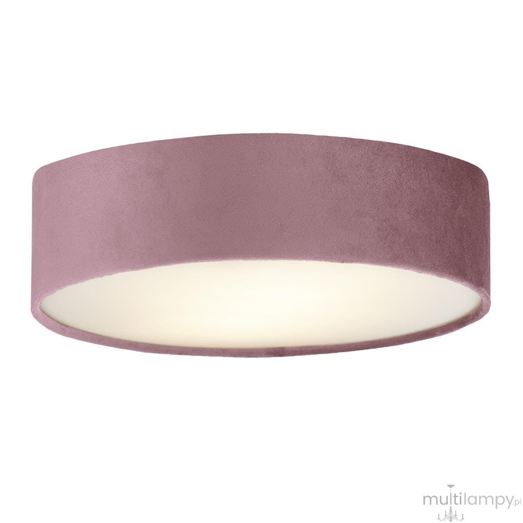 Plafon 3-punktowy Drum 2 D50 w kolorze różowym o okrągłym kształcie, wykonany z materiału przypominającego welur. Produkt zamontowany na suficie, z białym, matowym kloszem, który równomiernie rozprasza światło.