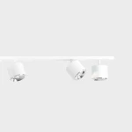 Biała lampa sufitowa 6-punktowa z metalowymi kloszami, zamontowana na prostokątnej listwie. Klosze mają okrągły kształt i srebrne wykończenie wewnętrzne. Ujęcie z góry, na jednolitym szarym tle.