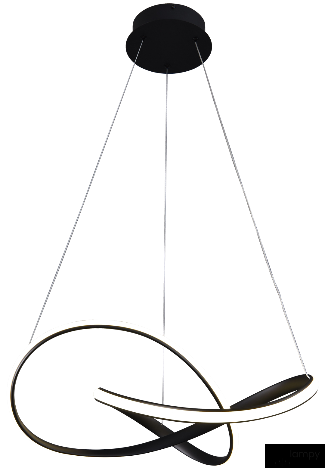 Cappio LED lampa wisząca 1-punktowa w kolorze czarnym, o nowoczesnym kształcie z dwoma falującymi pierścieniami w kolorze białym i czarnym. Zawieszona na cienkich linkach, z okrągłym elementem montażowym na suficie.
