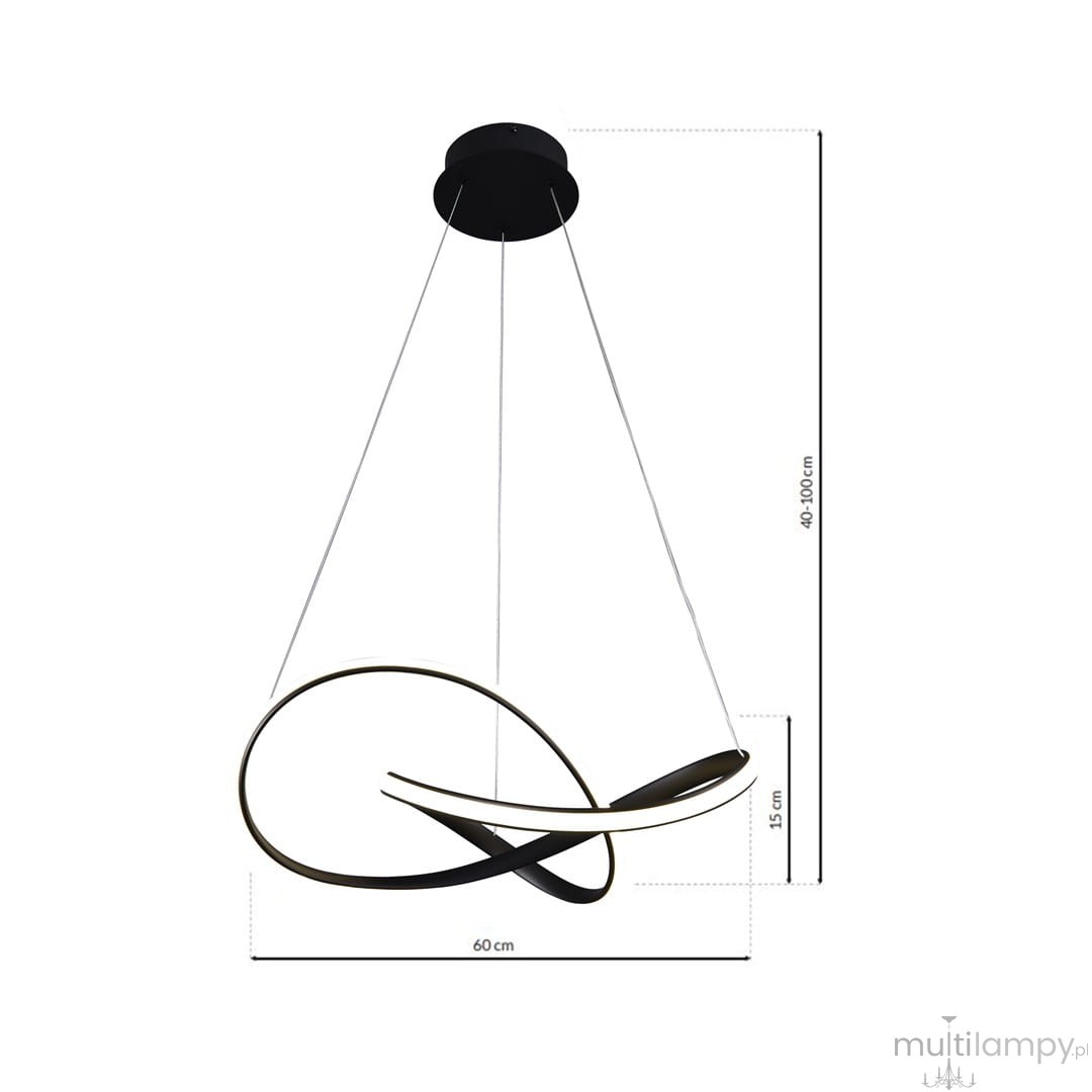 Cappio LED lampa wisząca 1-punktowa w kolorze czarnym, z asymetrycznym kształtem. Wymiary: 60 cm długości, 15 cm szerokości. Zawieszona na regulowanych linkach, z wysokością 40-100 cm. Minimalistyczny design, idealna do nowoczesnych wnętrz.