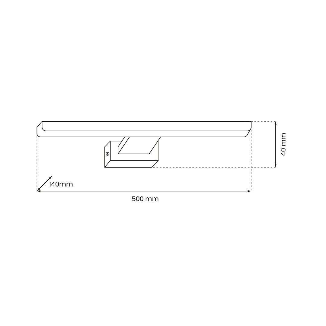 Czarny kinkiet LED Pinto 1-punktowy o wymiarach 500 mm długości, 140 mm szerokości i 40 mm głębokości. Prosty, nowoczesny design z mocowaniem ściennym, idealny do oświetlenia wnętrz.