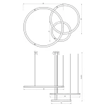 Złota lampa wisząca Galaxia LED z trzema okrągłymi elementami o różnej średnicy. Widok z góry, z widocznymi wymiarami: dwa okręgi o średnicy 80 cm i 60 cm oraz trzy zawieszenia na regulowanej wysokości. Prosty, nowoczesny design.
