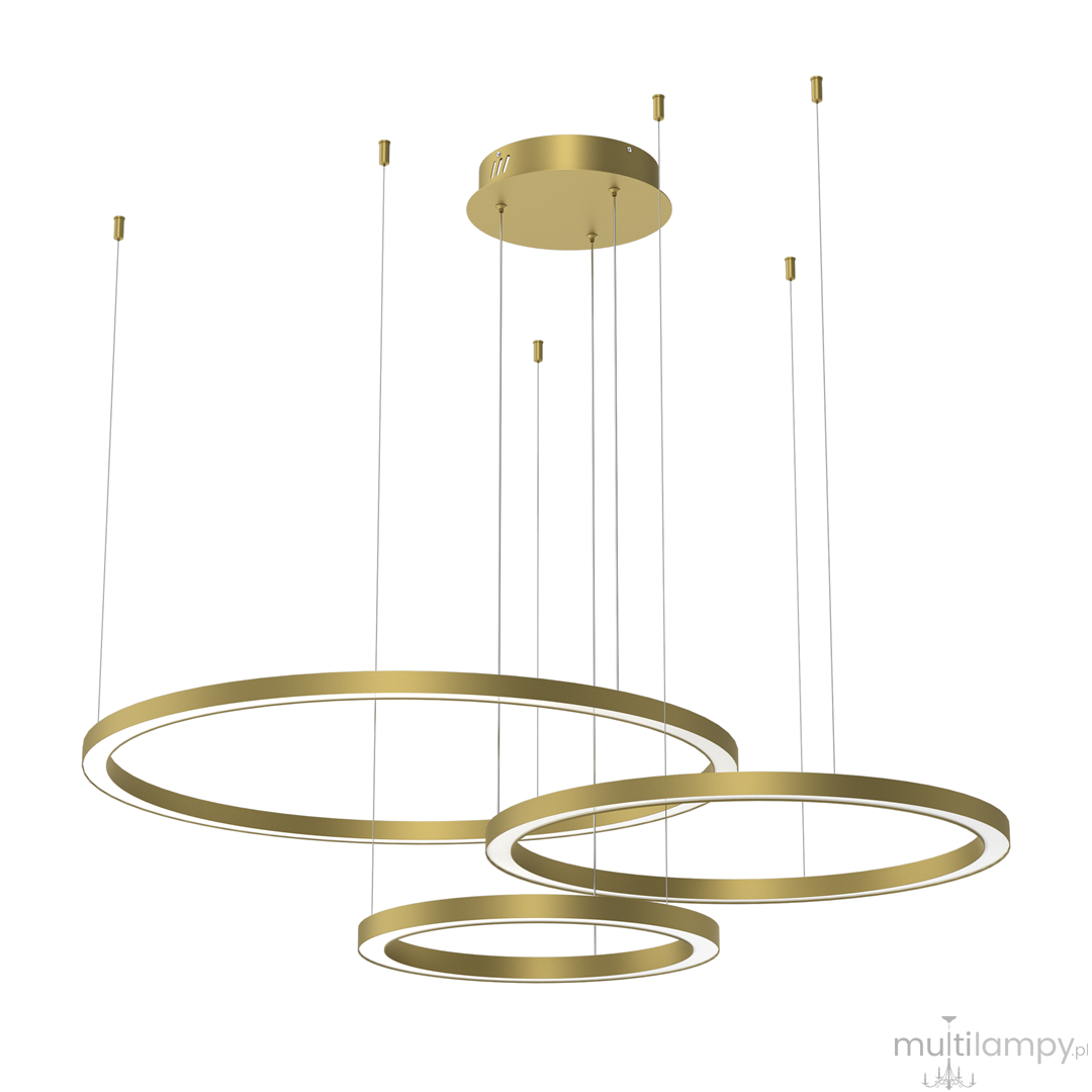 Lampa wisząca Galaxia LED 3-punktowa w kolorze złotym, składająca się z trzech okrągłych pierścieni, zawieszona na cienkich linkach. Górna część z okrągłym mocowaniem. Nowoczesny design, idealna do różnych wnętrz.