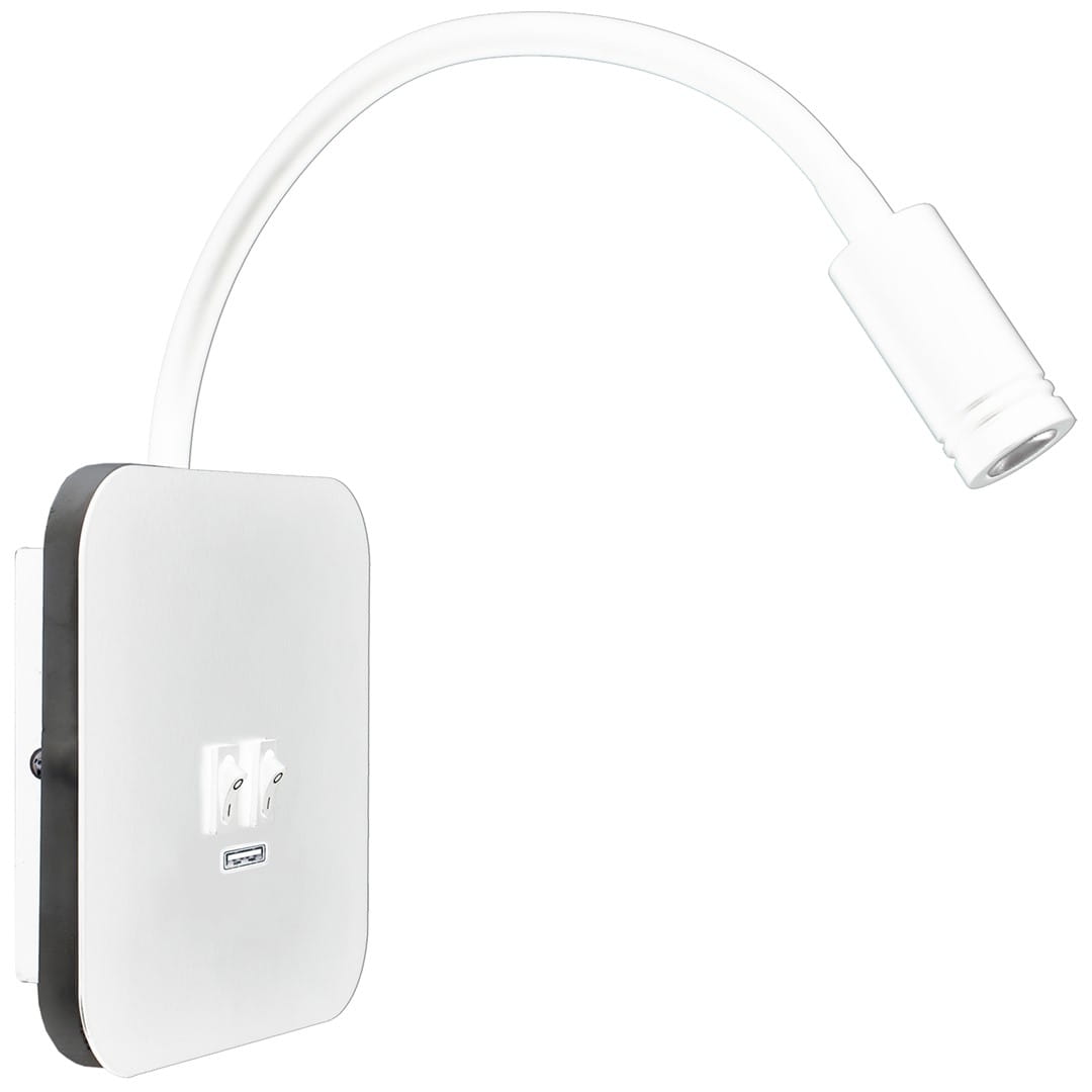 Kinkiet LED 2-punktowy w białym kolorze z elastycznym ramieniem. Posiada dwa gniazda oraz port USB. Ujęcie z boku, produkt zamontowany na ścianie, widoczna prostokątna obudowa z gniazdami.