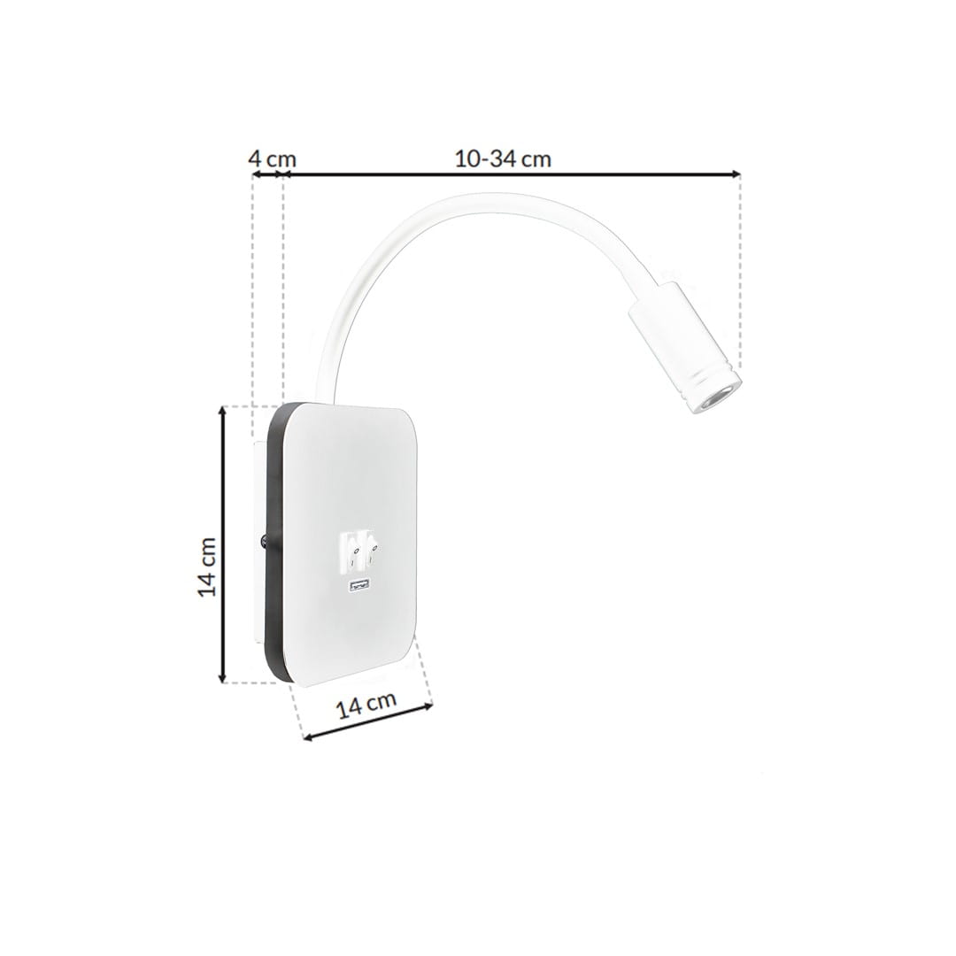 Kinkiet LED 2-punktowy w kolorze białym, z elastycznym ramieniem o długości 10-34 cm, montowany na ścianie. Wbudowane złącze USB. Wymiary: 14 cm x 14 cm x 4 cm. Prosty design z delikatnym wykończeniem.