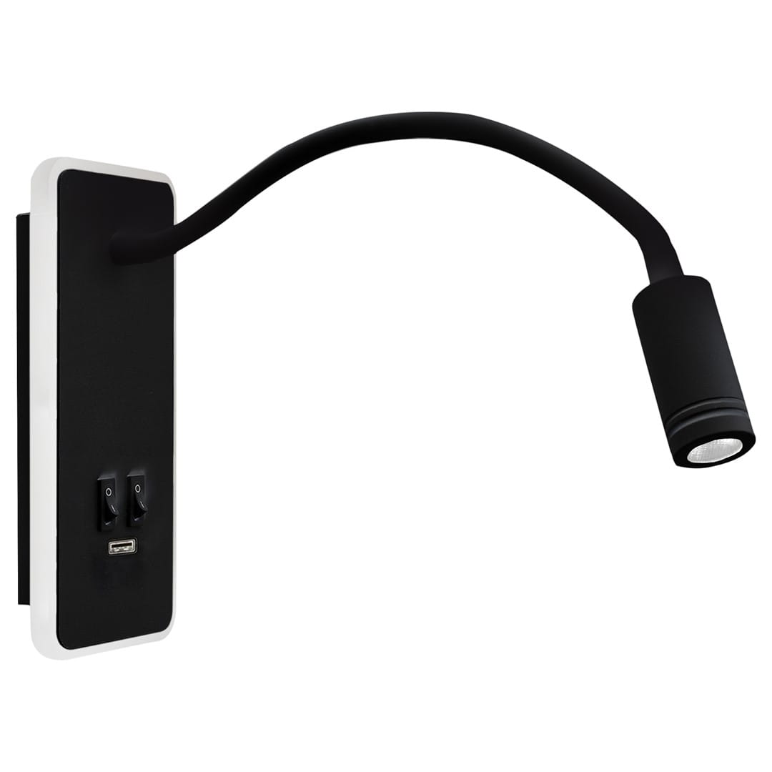 Kinkiet LED 2-punktowy w kolorze czarnym z elastycznym ramieniem. Na ścianie zamontowane dwa włączniki i port USB. Oprawa ma prosty, nowoczesny kształt z metaliczną końcówką. Widok z boku, zbliżenie na detale.