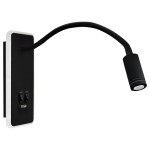 Kinkiet LED 2-punktowy w kolorze czarnym z elastycznym ramieniem. Na ścianie zamontowane dwa włączniki i port USB. Oprawa ma prosty, nowoczesny kształt z metaliczną końcówką. Widok z boku, zbliżenie na detale.