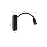 Czarny kinkiet LED 2-punktowy z elastycznym ramieniem, wymiarach 20 cm wysokości i 9 cm szerokości. Posiada dwa włączniki i port USB. Ujęcie frontalne, z wyraźnym pokazaniem detali i wymiarów. Idealny do nowoczesnych wnętrz.
