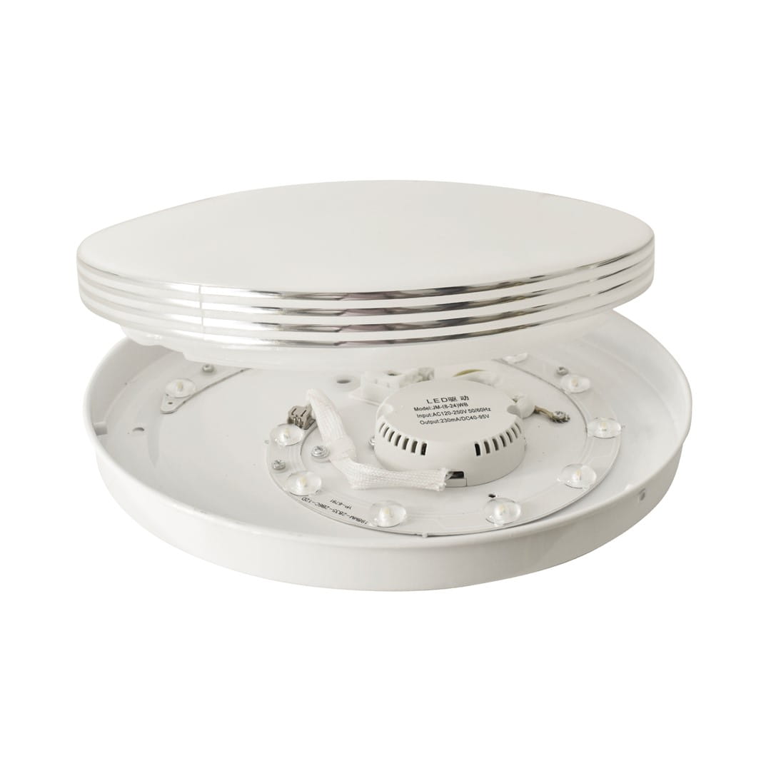 Plafon Bravo LED D25 w kolorze białym i chromowanym, z widocznym wnętrzem, w kształcie okrągłym, z diodami LED i oznaczeniem IP44. Ujęcie z góry, pokazujące montaż i detale techniczne.