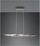 Srebrna lampa wisząca Blaze LED 3-punktowa z falistymi ramionami, zawieszona na cienkich linkach. Ujęcie frontalne, lampa umieszczona na ciemnym tle, podkreślająca nowoczesny design. Wymiary i szczegóły konstrukcji są czytelne.