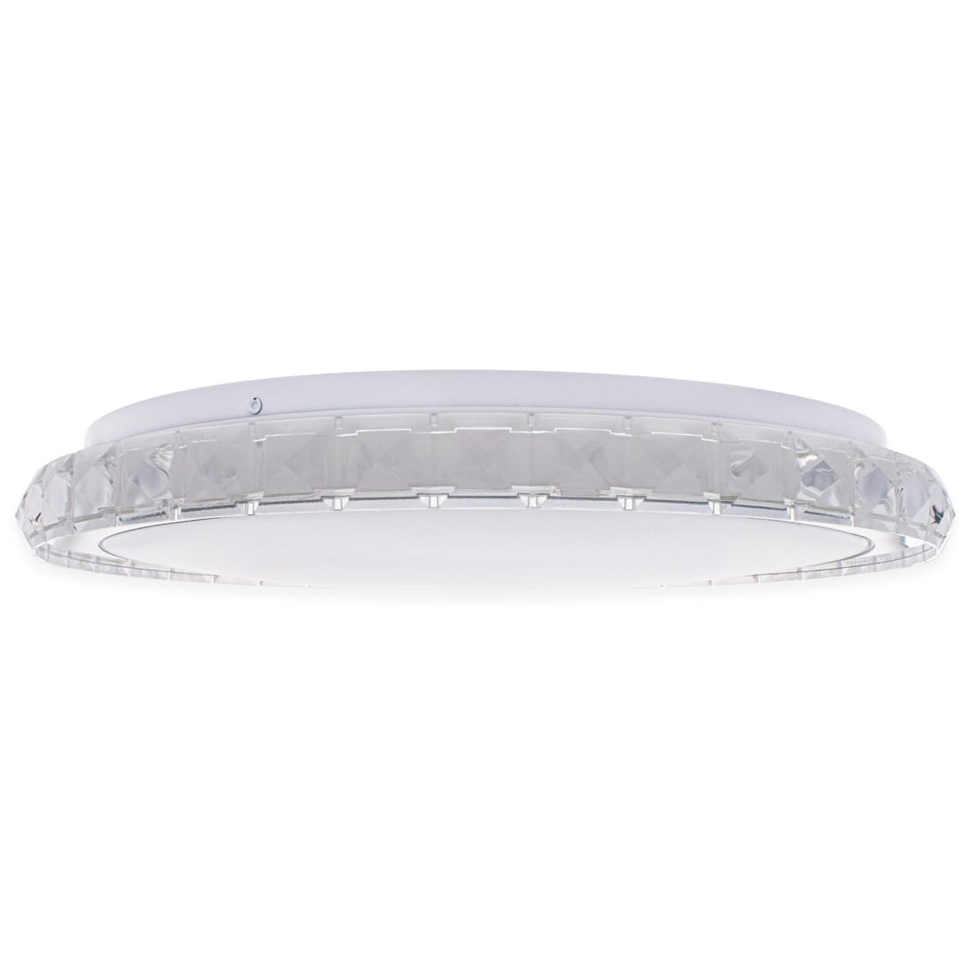 Plafon Layla z pilotem, okrągły, średnica 40 cm, chromowana obudowa z kryształowym wykończeniem. Zainstalowane oświetlenie LED o mocy 33W, zamontowany na suficie, w prostym, eleganckim stylu.