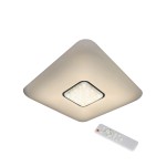 Plafon Yax LED D44/24W w kształcie kwadratu, z białą matową obudową i centralnym panelem LED. Zestaw zawiera pilot do regulacji jasności i temperatury barwowej (3000-6000K). Ujęcie z góry, produkt zamontowany na suficie.