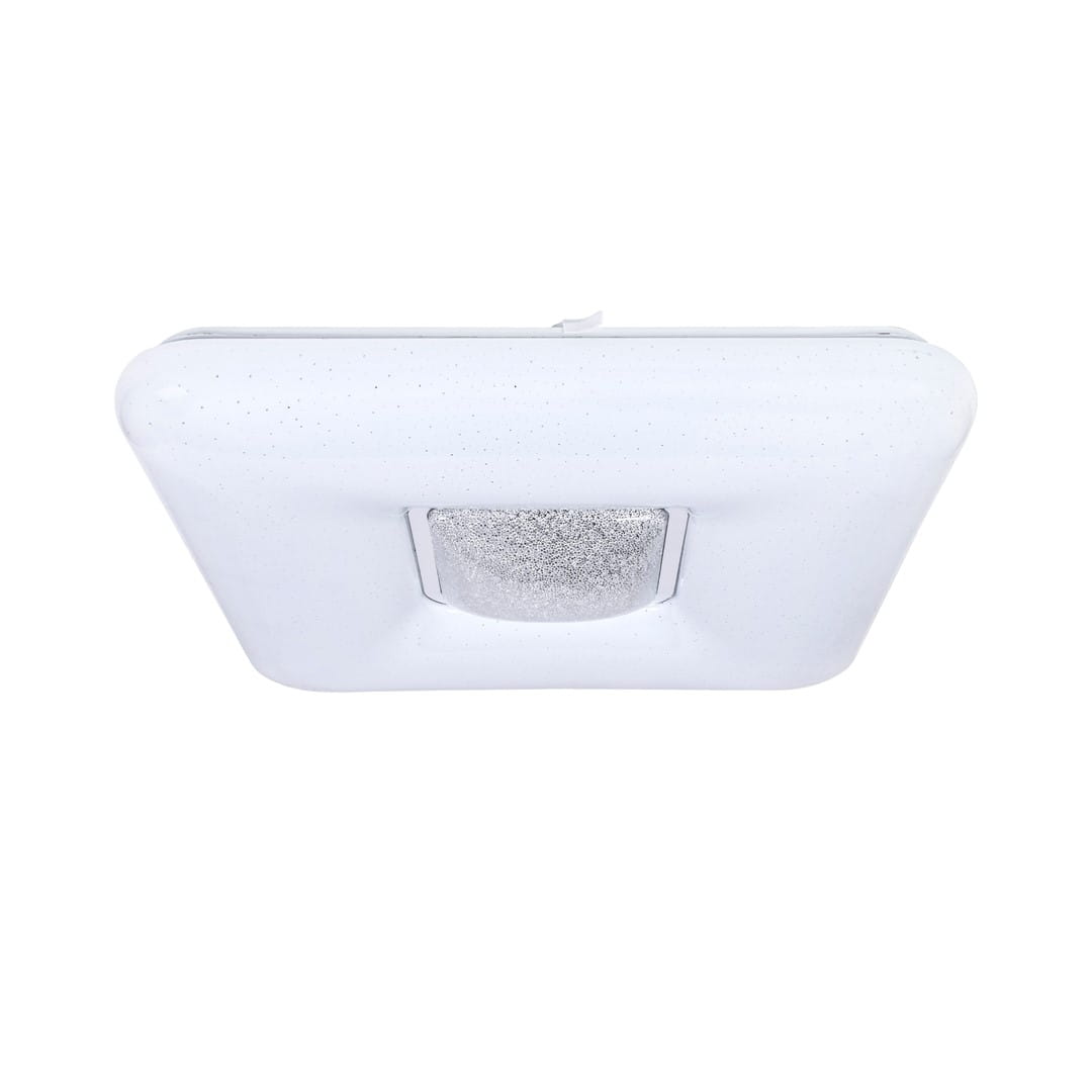 Plafon Yax LED D44/24W w kolorze białym z metalicznym detalem, o prostokątnym kształcie, z możliwością regulacji temperatury barwowej 3000-6000K i ściemnialny, widoczny z góry, z pilotem do sterowania.