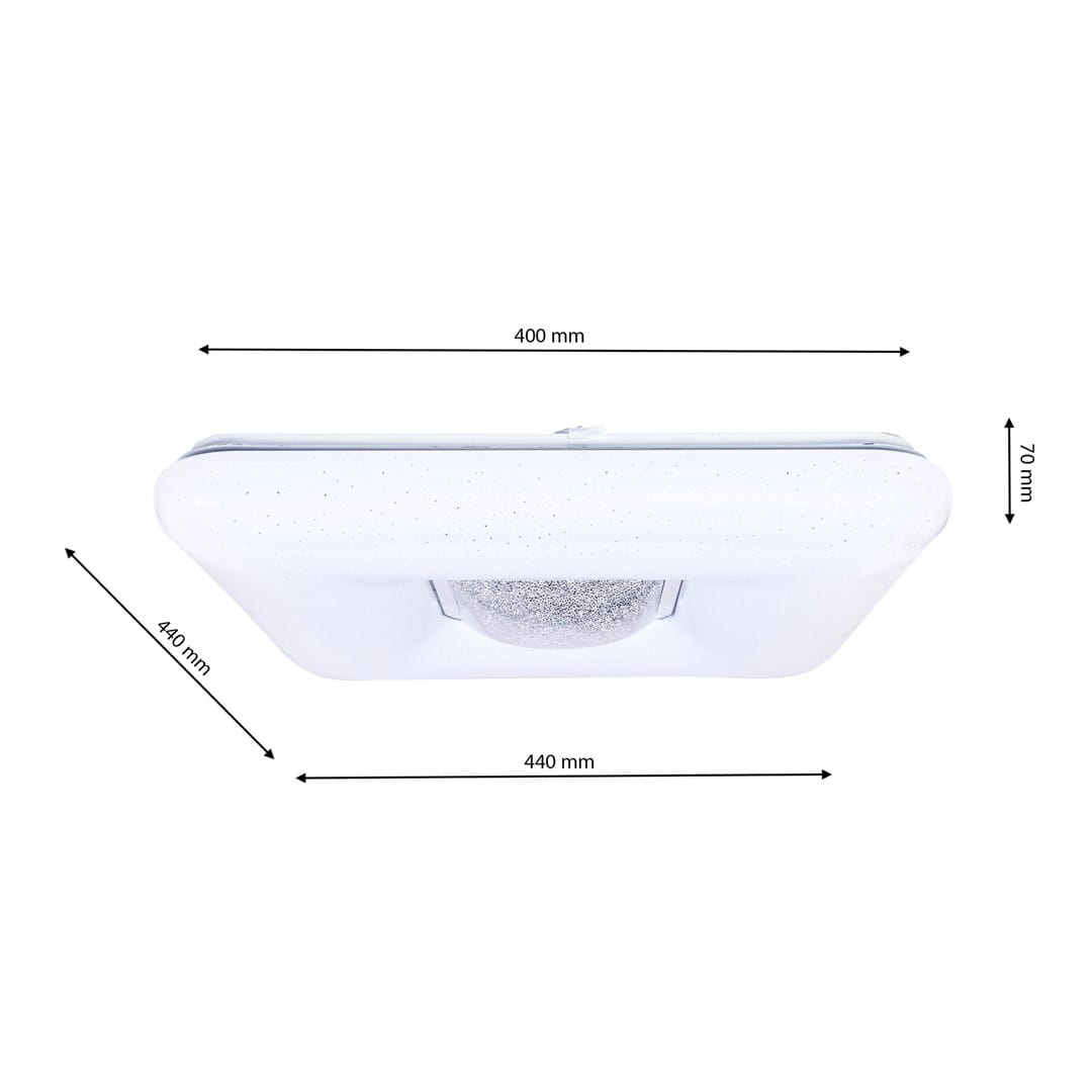 Plafon Yax LED D44/24W w kolorze białym, o wymiarach 400 mm x 440 mm x 70 mm, z wbudowanym pilotem do regulacji jasności oraz temperatury barwowej 3000-6000K. Kąt widzenia z góry, prostokątny kształt, subtelne drobinki w powierzchni.