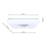 Plafon Yax LED D44/24W w kolorze białym, o wymiarach 400 mm x 440 mm x 70 mm, z wbudowanym pilotem do regulacji jasności oraz temperatury barwowej 3000-6000K. Kąt widzenia z góry, prostokątny kształt, subtelne drobinki w powierzchni.