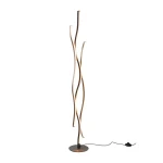 Srebrna lampa podłogowa Blaze LED z trzema falującymi ramionami, emitującymi światło. Ustawiona na okrągłej podstawie, z przewodem z włącznikiem na podłodze. Lampa ma nowoczesny design, idealna do wnętrz.